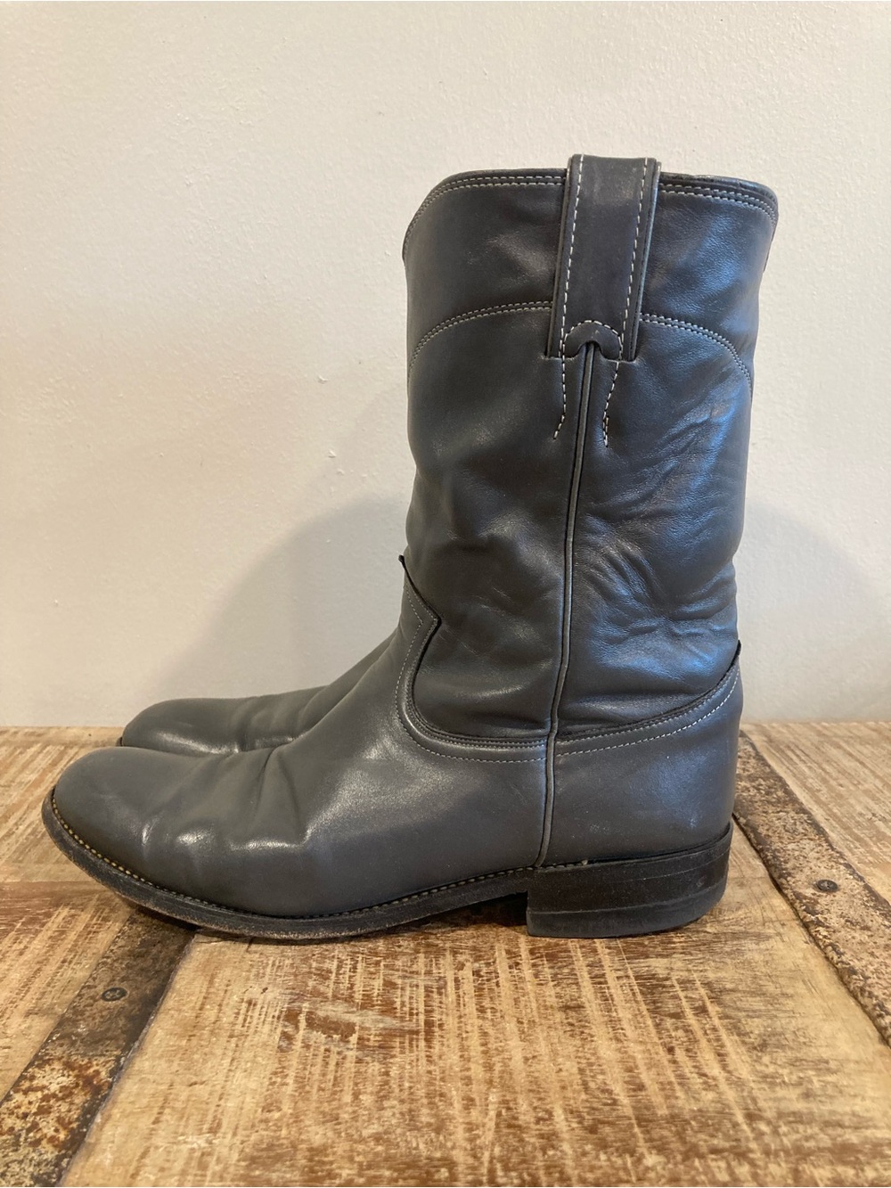 Women’s Vintage Made in USA Grey Leather Western Pull-On Boots Justin Size 9B
